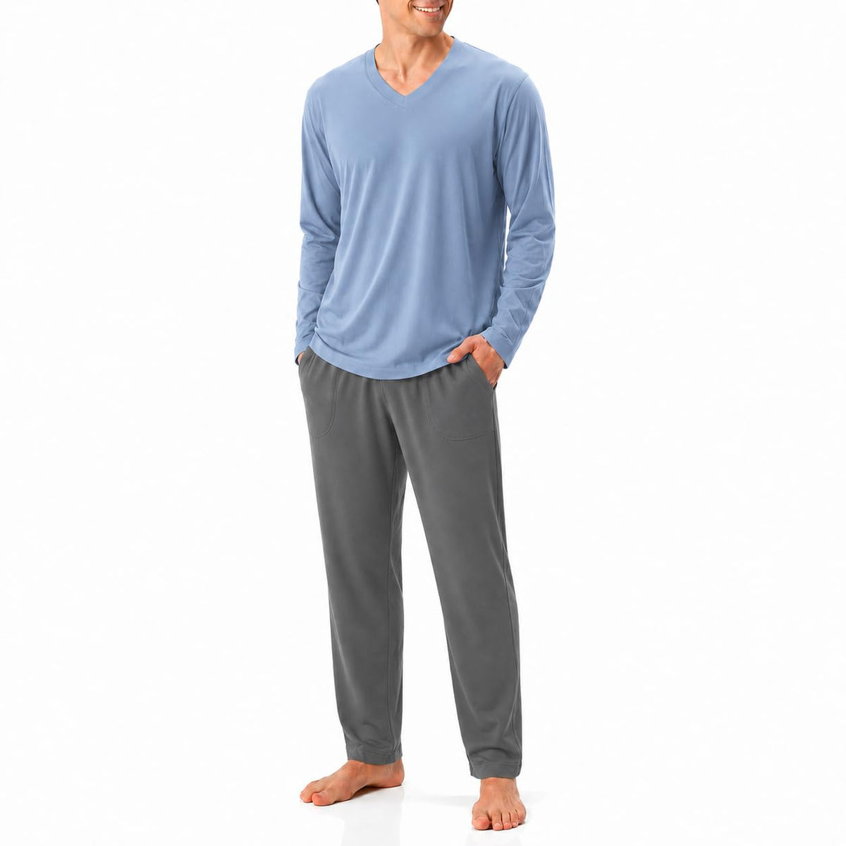 DAVID ARCHY Men's Cotton Pajama Set, Soft V-Neck Long Sleeve PJs