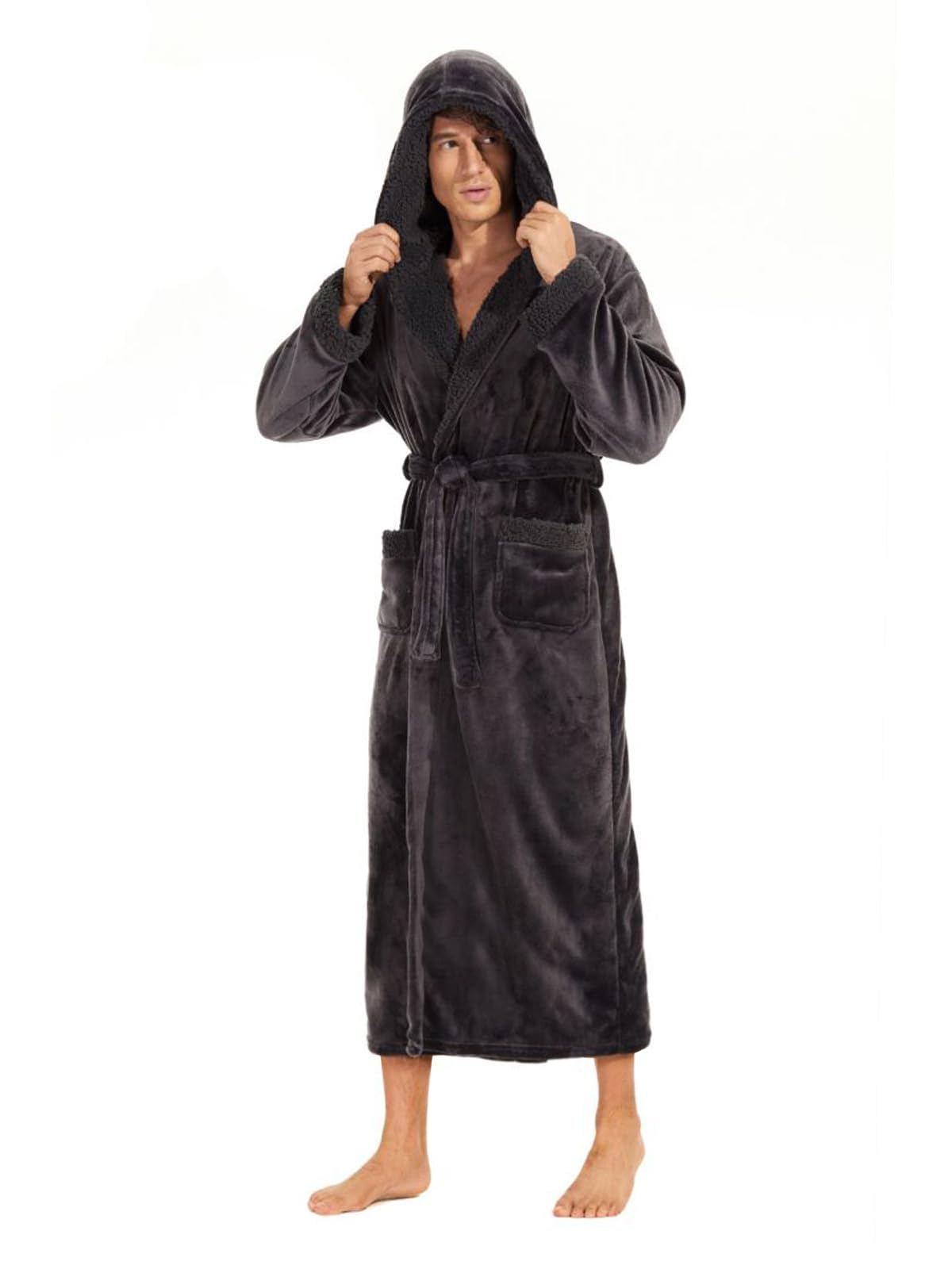 iniber Mens Hooded Robe, Soft Lightweight Plush Robes for Men, Warm Long Fleece Men's Bathrobe with Pockets