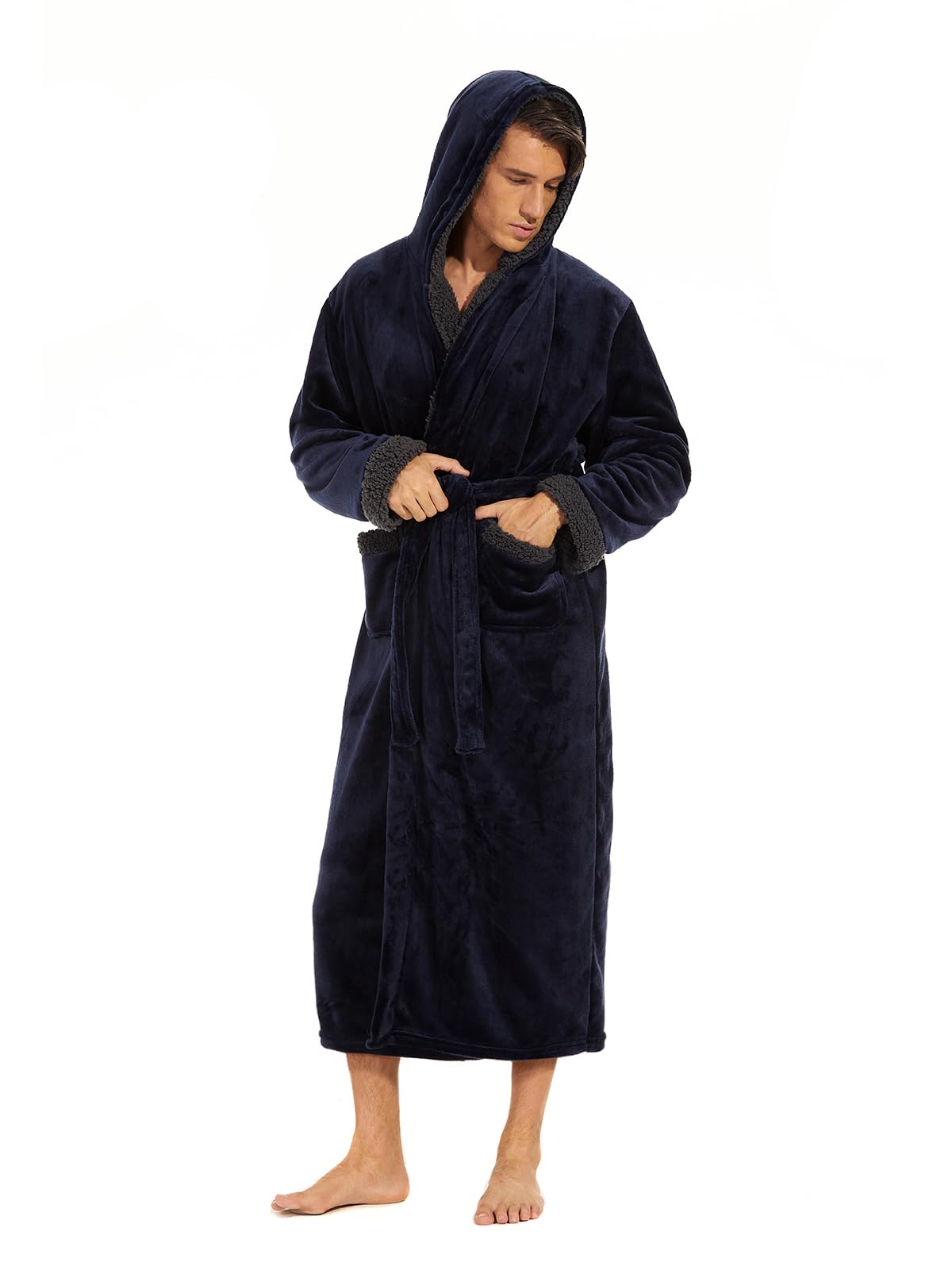 iniber Mens Hooded Robe, Soft Lightweight Plush Robes for Men, Warm Long Fleece Men's Bathrobe with Pockets
