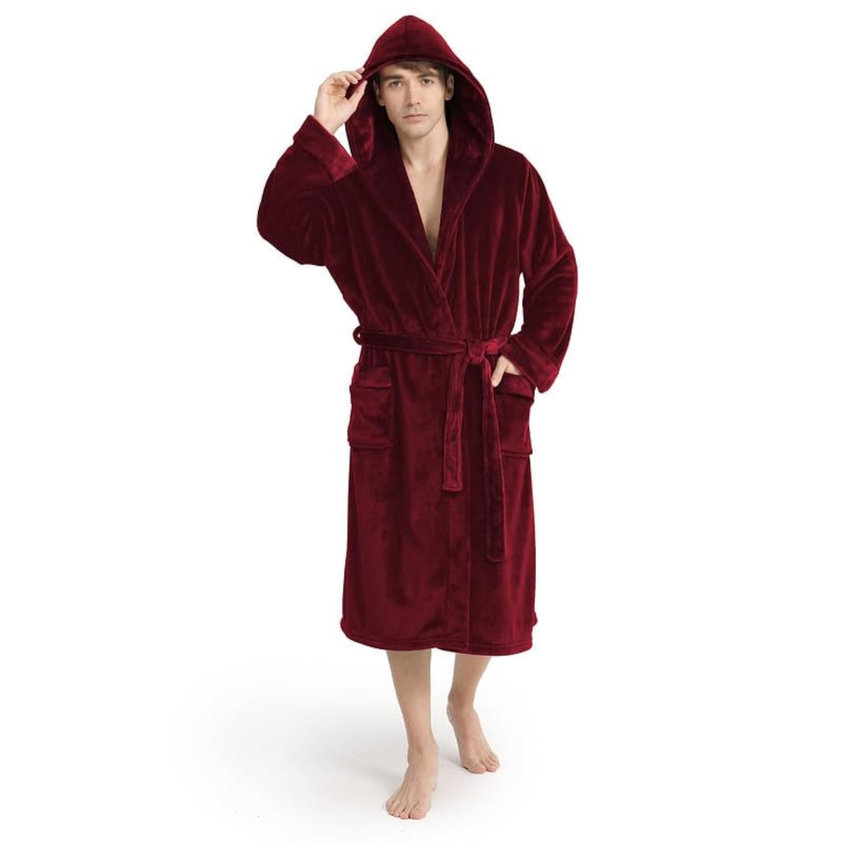 Yurhap Hooded Mens Robe, Cozy Fleece Bathrobe for Men, Plush Robe with Belt