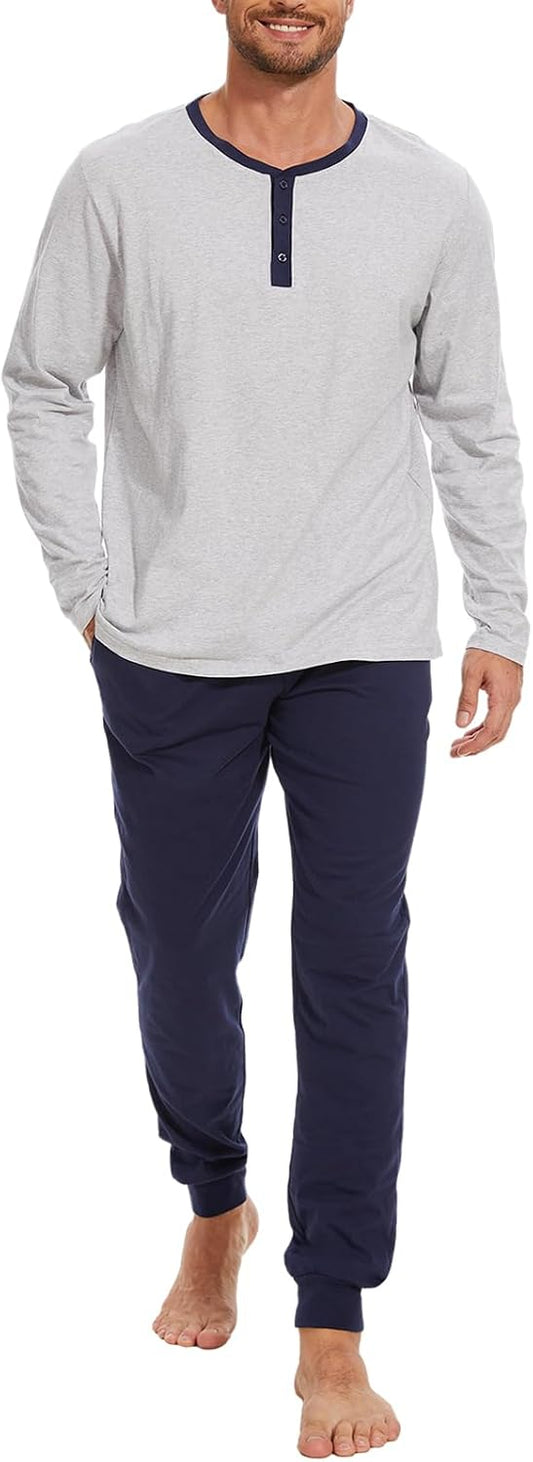 Men's 100% Cotton Henley Pajama Set 2-Piece Lounge Sleepwear