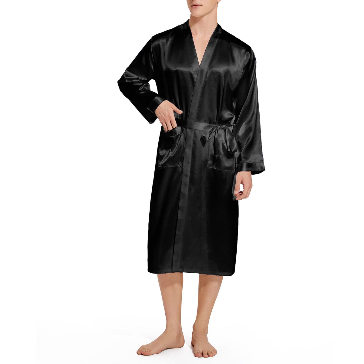 ZUEVI Men's Kimono Robe Silk Satin Long Sleeve Spa Bathrobe Lightweight Soft Silky Pajamas Robes