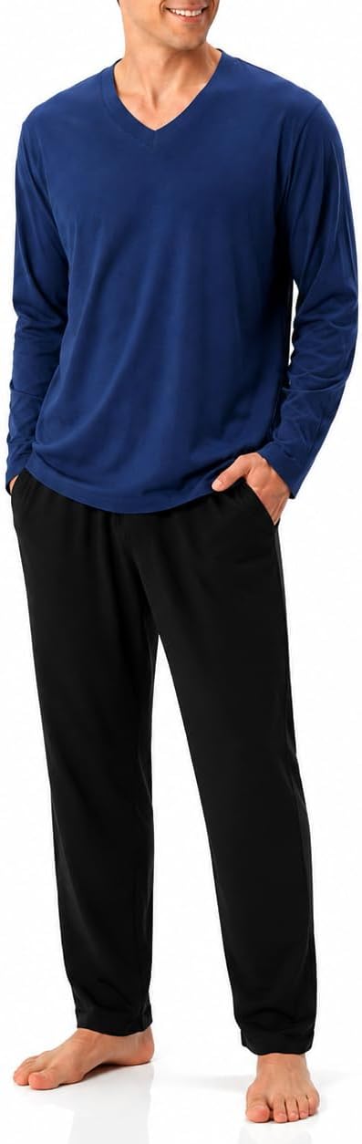DAVID ARCHY Men's Cotton Pajama Set, Soft V-Neck Long Sleeve PJs