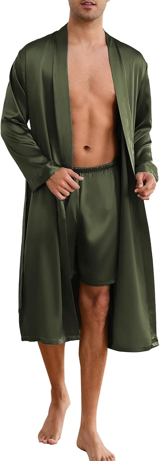 ZUEVI Men's Kimono Robe Set Silk Satin Long Sleeve Bathrobe with Shorts 2 PCS Sleepwear Pjs Sets