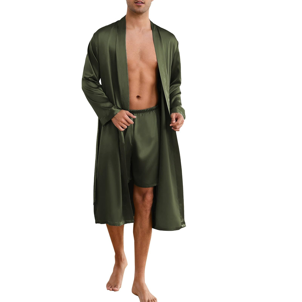 ZUEVI Men's Kimono Robe Set Silk Satin Long Sleeve Bathrobe with Shorts 2 PCS Sleepwear Pjs Sets