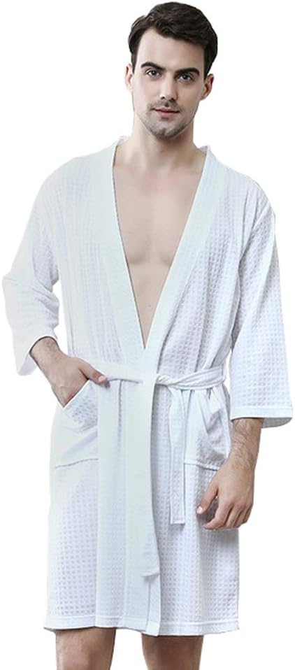 Rojeam Men's Kimono Waffle Robe Unisex Lightweight Soft Knee Length Spa Bathrobe Sleepwear with Pockets