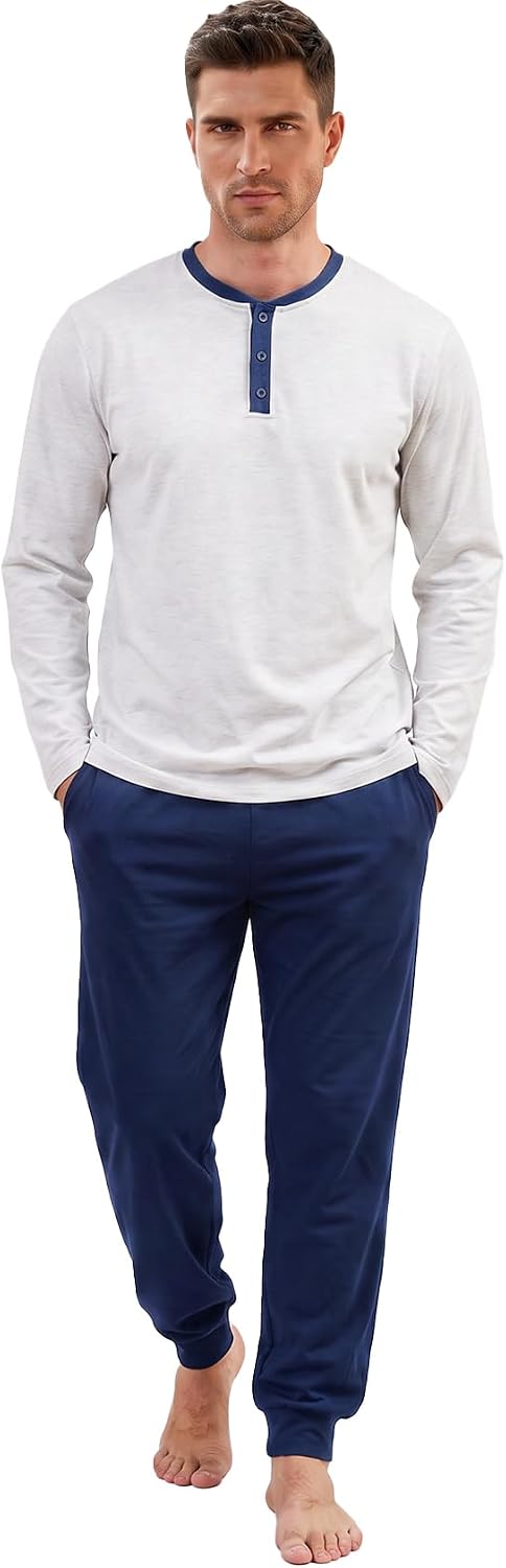 Yimoon Mens Pajama Set 100% Cotton Henley Sleepwear