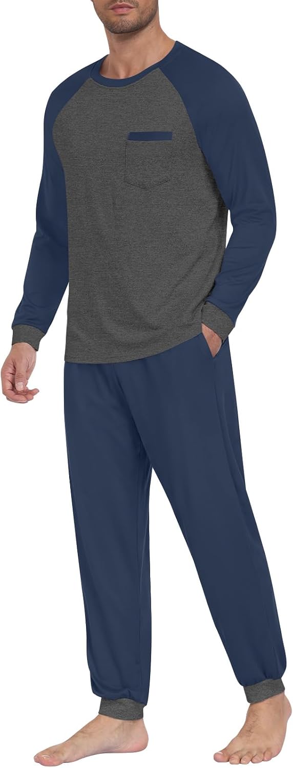 Mens Pajama Sets Long Sleeve Loungewear Pjs with Pockets