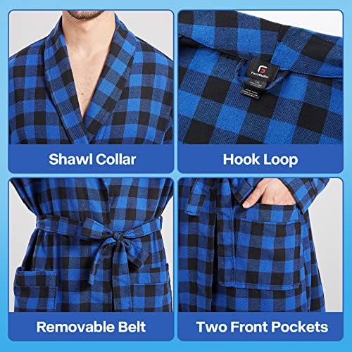 FashGudim Mens Buffalo Plaid Cotton Robe Lightweight Bathrobe Shawl Collar Kimono Sleepwear Loungewear House Robes