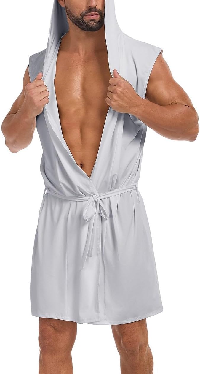 VintageClothing Men's Summer Robe with Hooded Lightweight Bathrobe House Kimono Sleeveless Sexy Sleepwear Pajamas