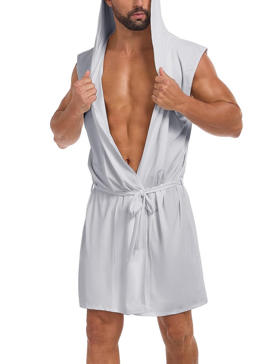 VintageClothing Men's Summer Robe with Hooded Lightweight Bathrobe House Kimono Sleeveless Sexy Sleepwear Pajamas