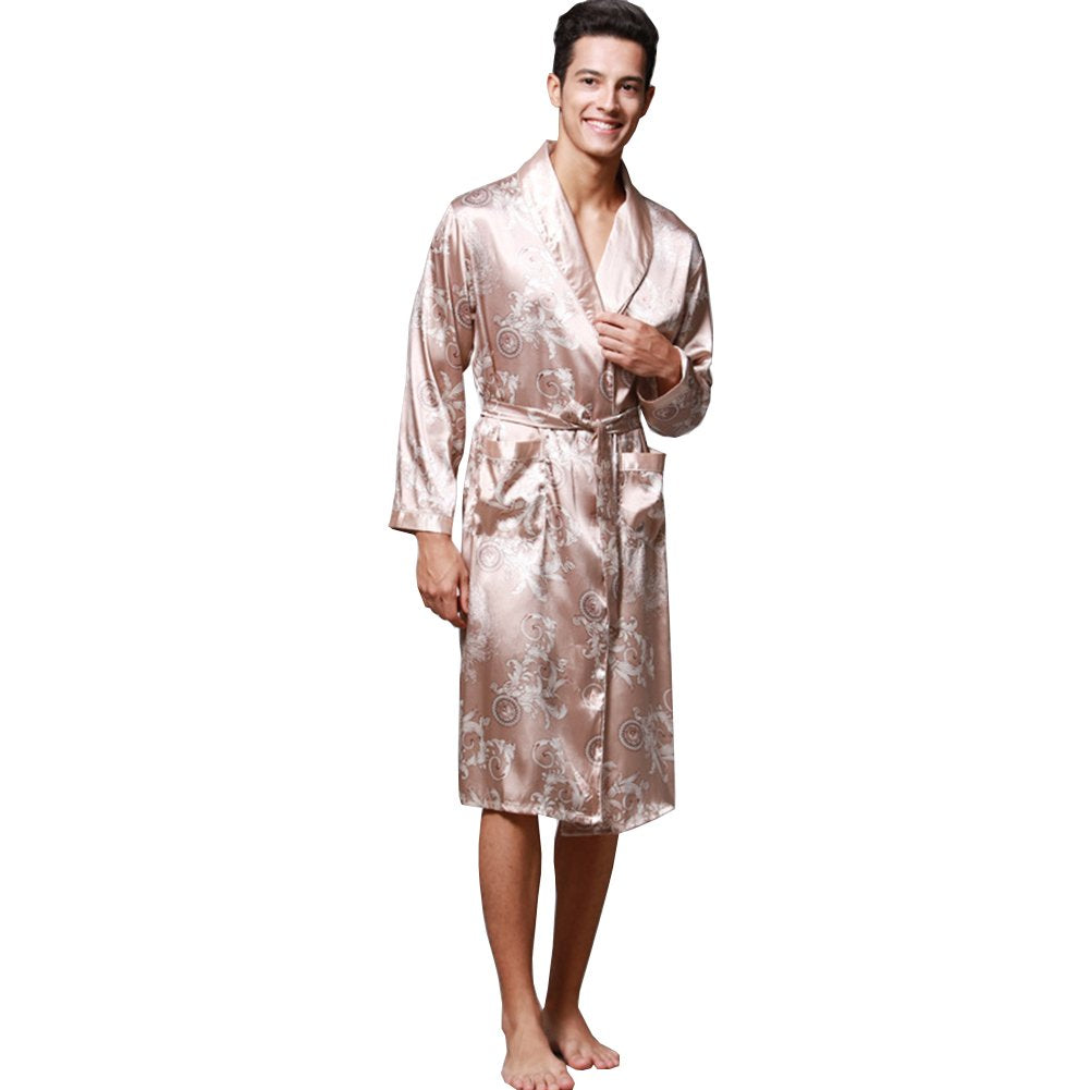 ZUEVI Men's Kimono Robe Silk Satin Long Sleeve Spa Bathrobe Lightweight Soft Silky Pajamas Robes