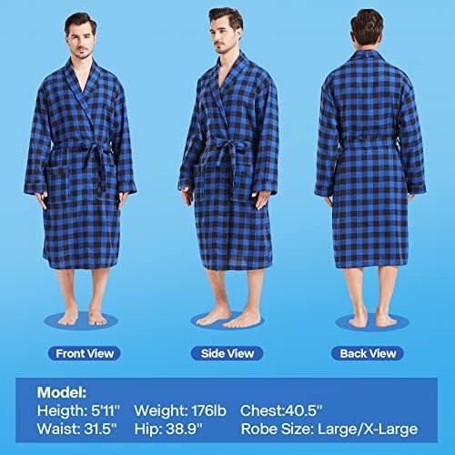 FashGudim Mens Buffalo Plaid Cotton Robe Lightweight Bathrobe Shawl Collar Kimono Sleepwear Loungewear House Robes