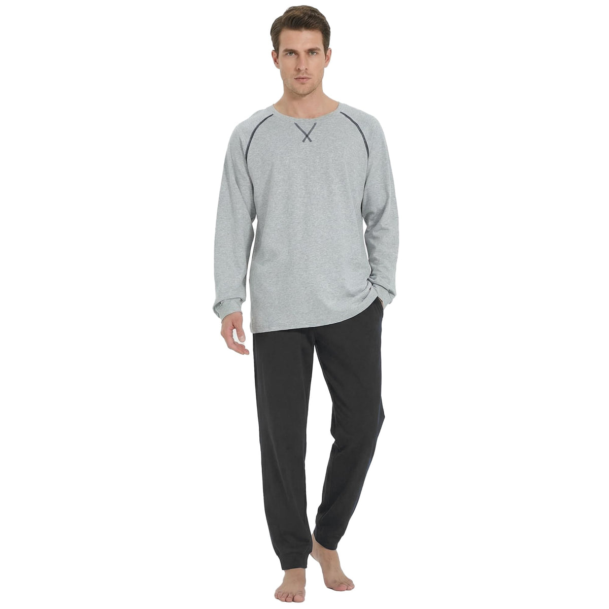 U2SKIIN Mens Organic Cotton Pajama Set Crew Neck Long Sleeve Sleepwear Pjs