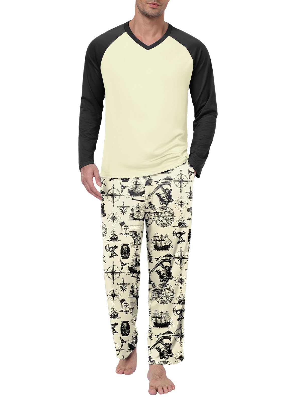 Feiersi Men's Pajama Set Soft Long Sleeve Pjs Sets V-neck Loungewear Shirts