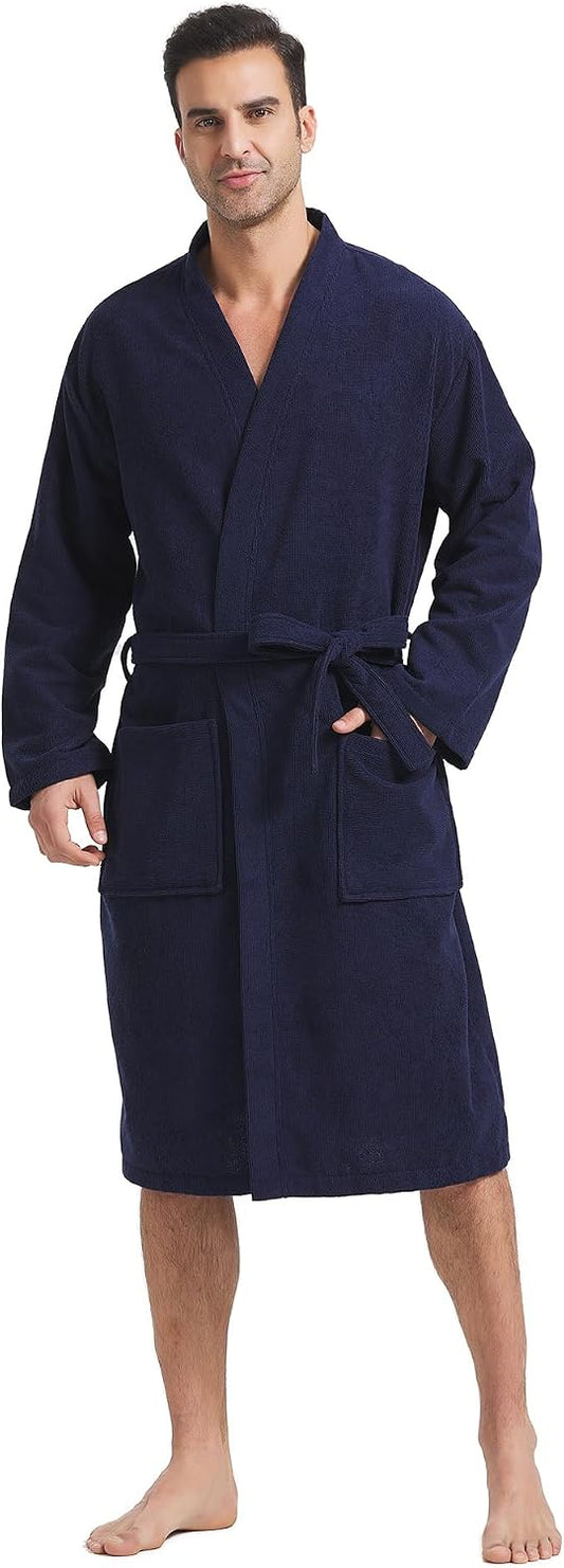 FashGudim Terry Cloth Robes for Men Big and Tall Short Mens Kimono Robe Super Absorbent Spa Bathrobe Calf Length With Pockets