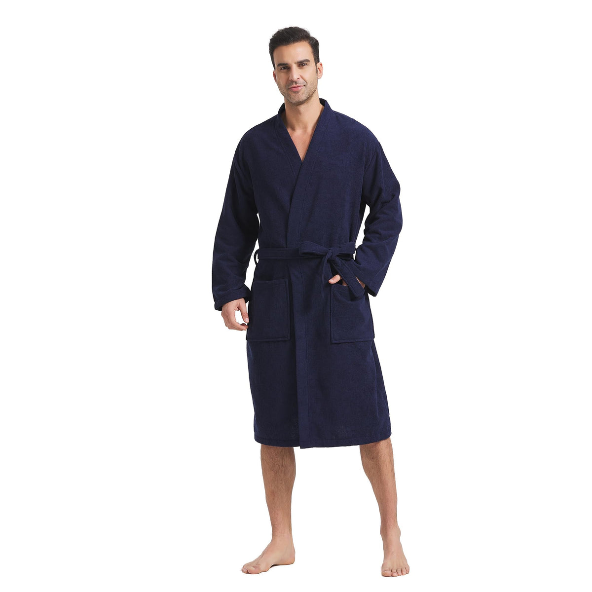 FashGudim Terry Cloth Robes for Men Big and Tall Short Mens Kimono Robe Super Absorbent Spa Bathrobe Calf Length With Pockets