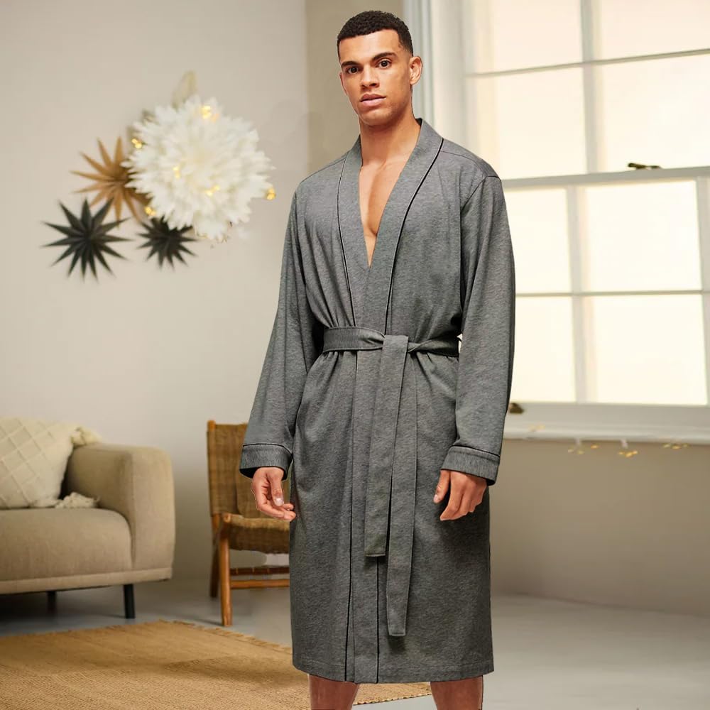HOLOVE Men's Cotton Lightweight Robes Shower Spa Kimono Bathrobe