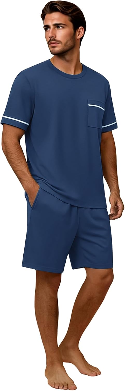Ekouaer Men pajama set 2 Piece Short Sleeve Shirt and Shorts Lounge Sets