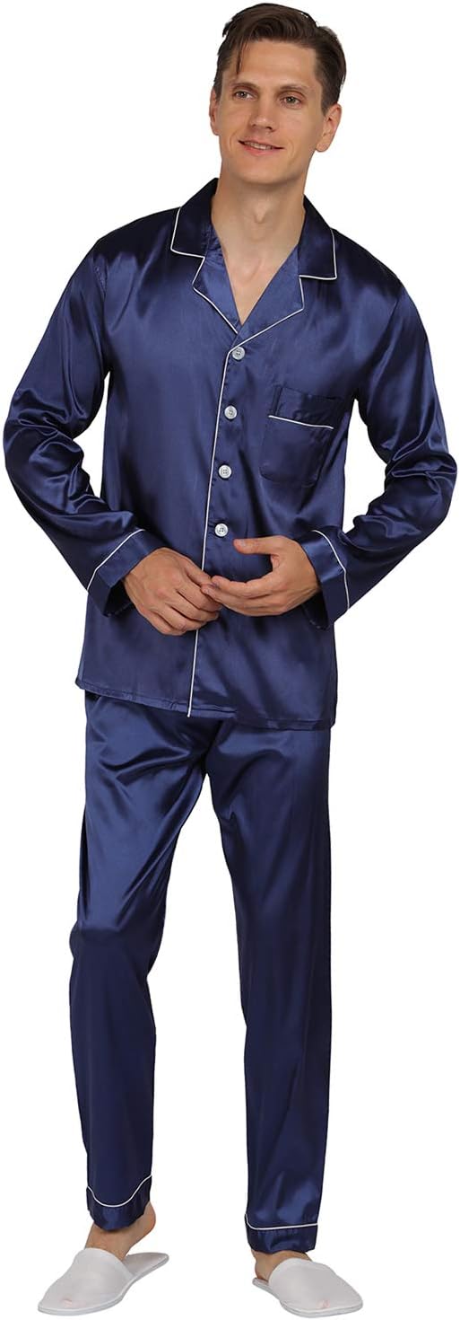 YIMANIE Mens Pajamas Silk Satin Pajamas for Men Soft Sleepwear Button Down Loungewear with Pockets