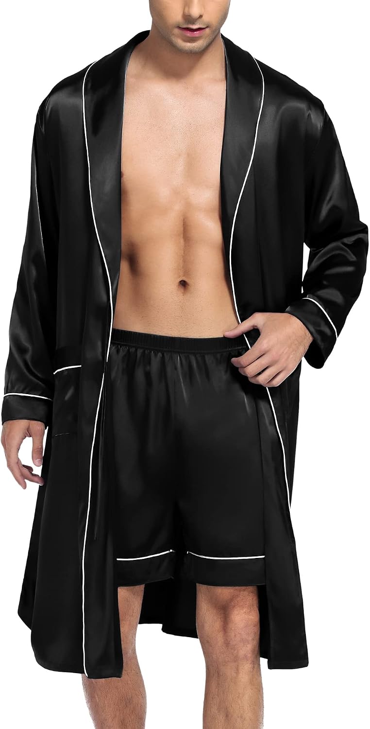 SWOMOG Men's Satin Robe Silky Kimono Bathrobe with Shorts Set Lightweight Soft Loungewear Nightwear