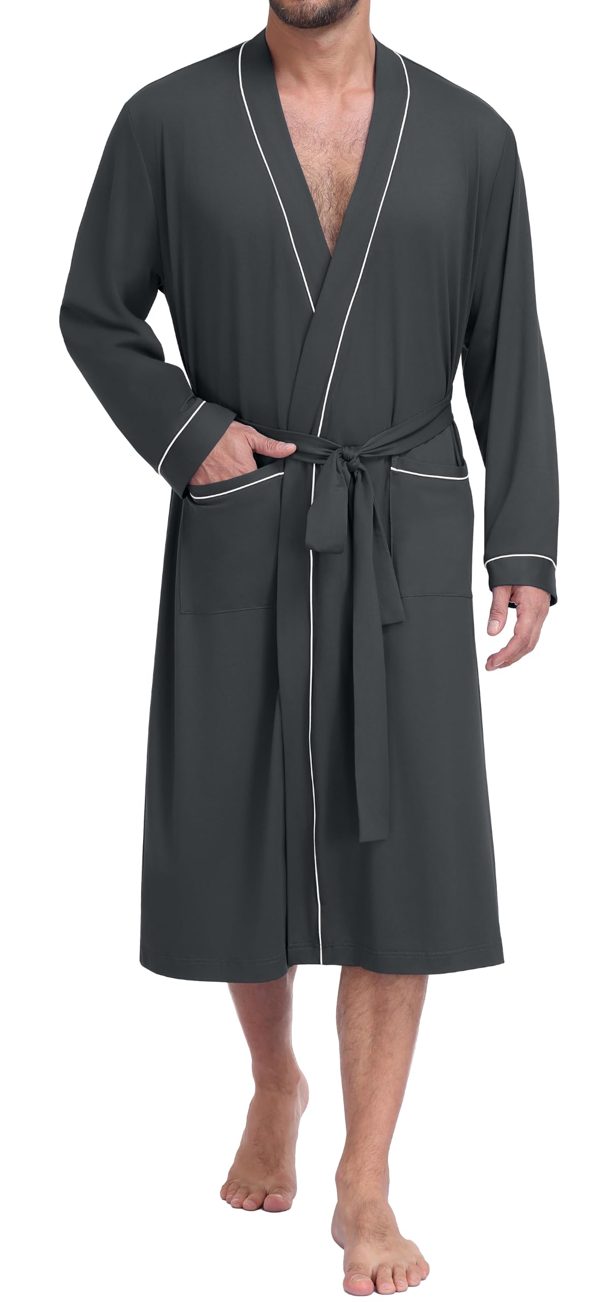 PrinStory Mens Lightweight Robe Soft Knit Kimono Long Bathrobe Loungewear