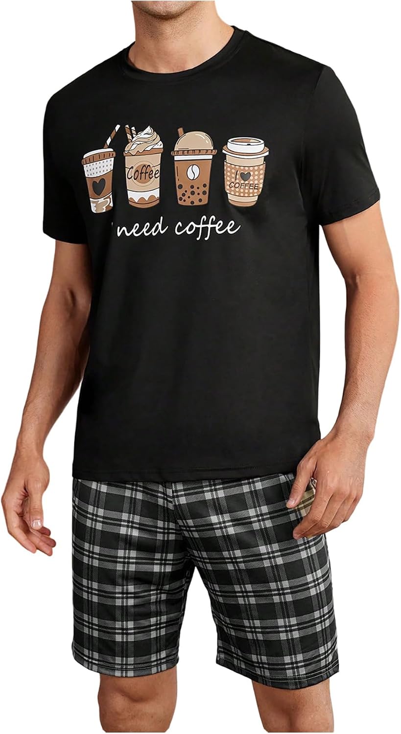 Verdusa Men's Pajamas Set 2 Piece Pjs Sets Short Sleeve Letter Print Tee and Short Lounge Set