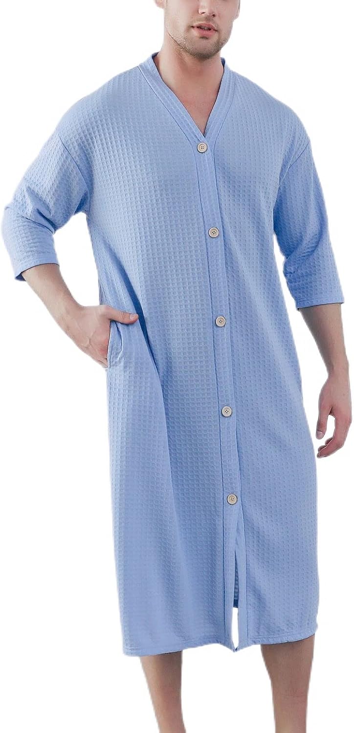 Jinda Men's Soft Robe Button Down House Coat Nightgown Summer V Neck Comfy 3/4 Sleeve Housecoat Sleep Shirt