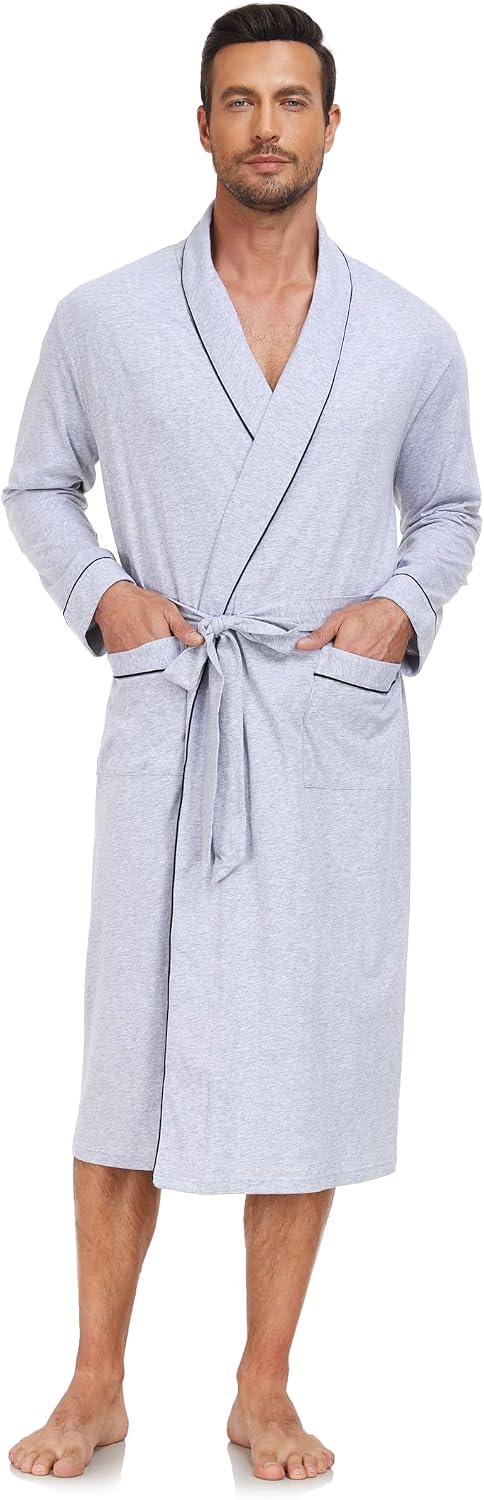 EA'S SECRET Men's 100% Cotton Robes Lightweight Long Sleeve Kimono Bathrobe Soft Over the Knee Sleepwear