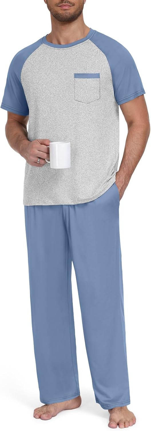 Yincro Mens Pajama Set Short Sleeve Pjs with Pocket Sleepwear Loungewear