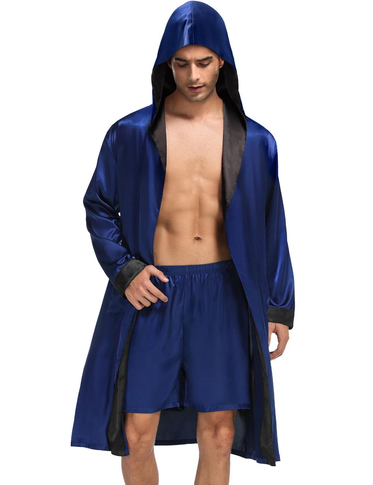 SWOMOG Mens Hooded Robe Satin Bathrobe with Shorts Set Silky Kimono Robe with Hood