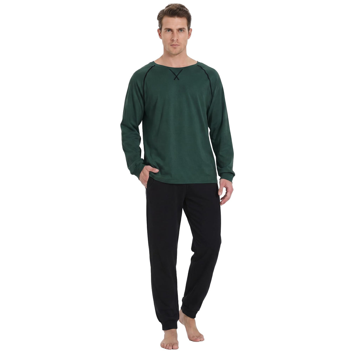 U2SKIIN Mens Organic Cotton Pajama Set Crew Neck Long Sleeve Sleepwear Pjs