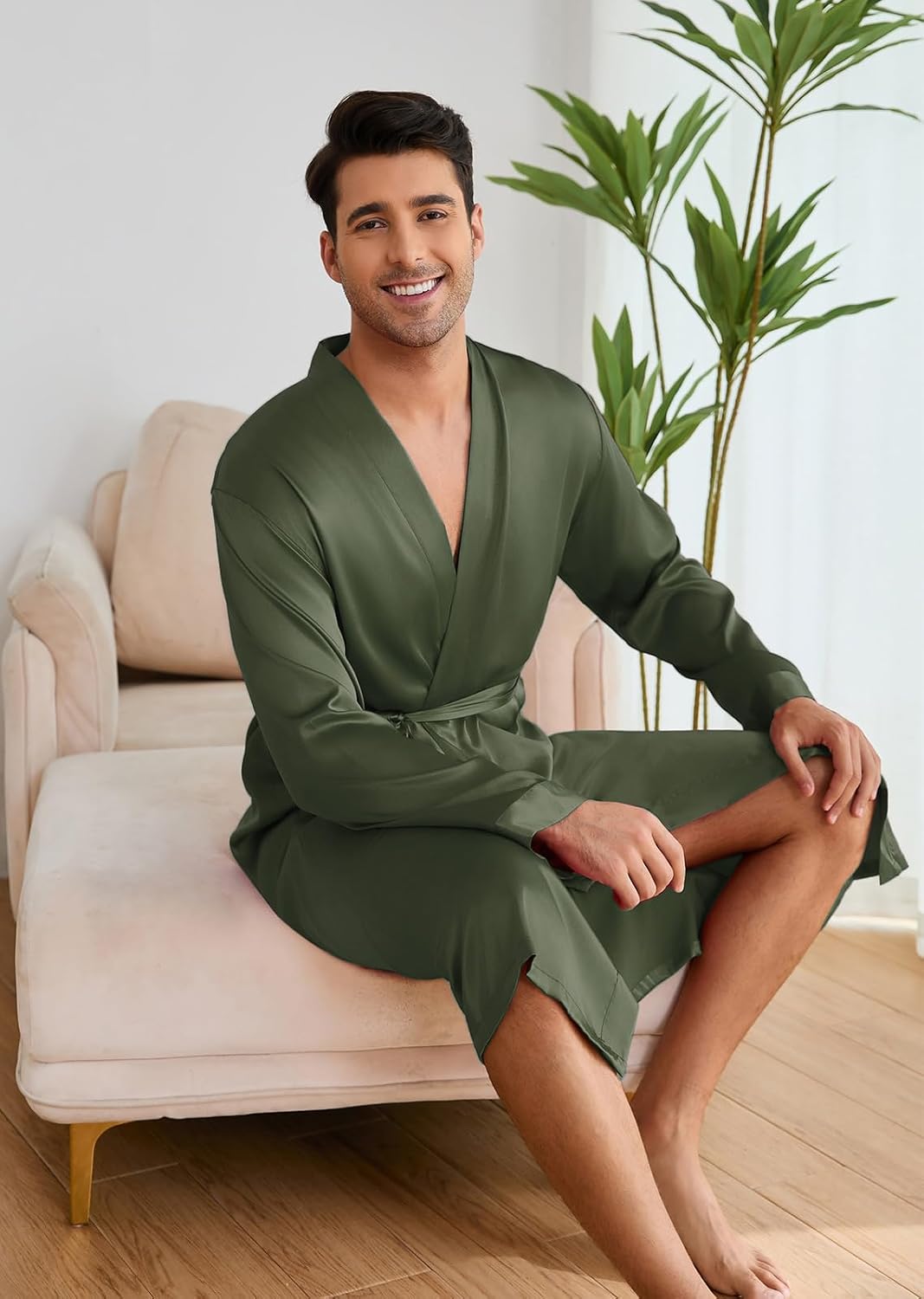 ZUEVI Men's Kimono Robe Set Silk Satin Long Sleeve Bathrobe with Shorts 2 PCS Sleepwear Pjs Sets