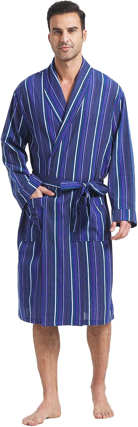 FashGudim Mens Buffalo Plaid Cotton Robe Lightweight Bathrobe Shawl Collar Kimono Sleepwear Loungewear House Robes