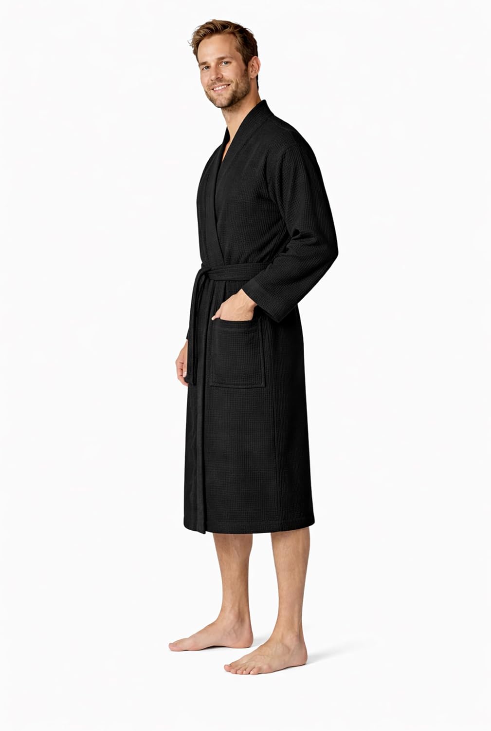 Turkish Linen Men’s Waffle Bathrobe Lightweight Kimono Spa Robe – Quick Dry Bath & Shower Robe for Men with Pockets