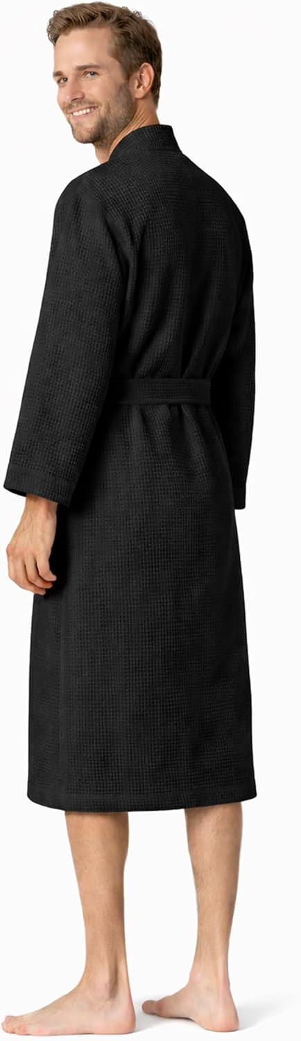 Turkish Linen Men’s Waffle Bathrobe Lightweight Kimono Spa Robe – Quick Dry Bath & Shower Robe for Men with Pockets
