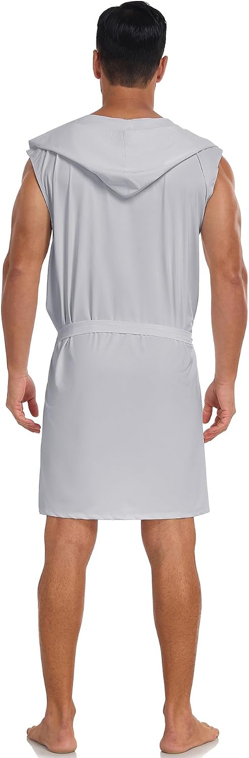 VintageClothing Men's Summer Robe with Hooded Lightweight Bathrobe House Kimono Sleeveless Sexy Sleepwear Pajamas