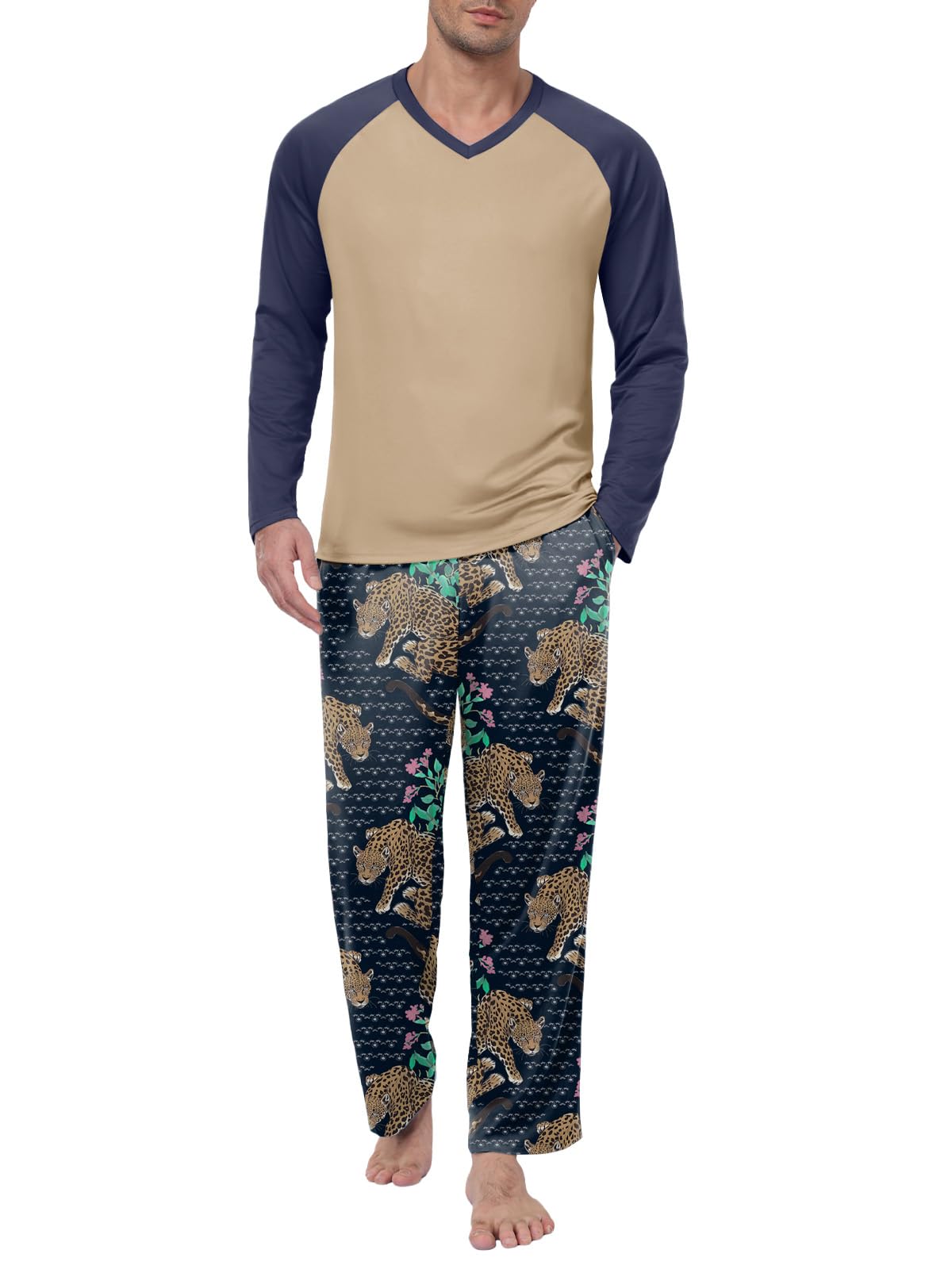 Feiersi Men's Pajama Set Soft Long Sleeve Pjs Sets V-neck Loungewear Shirts