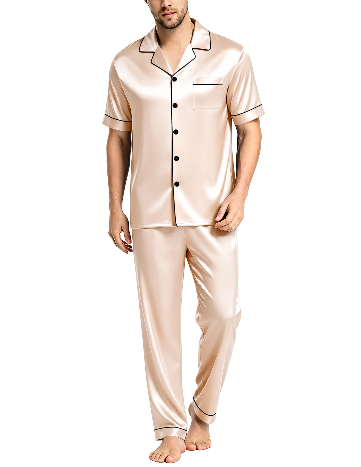 SWOMOG Mens Satin Pajama Set Short Sleeve Classic Sleepwear Button Down Silky Loungewear with Long Pants