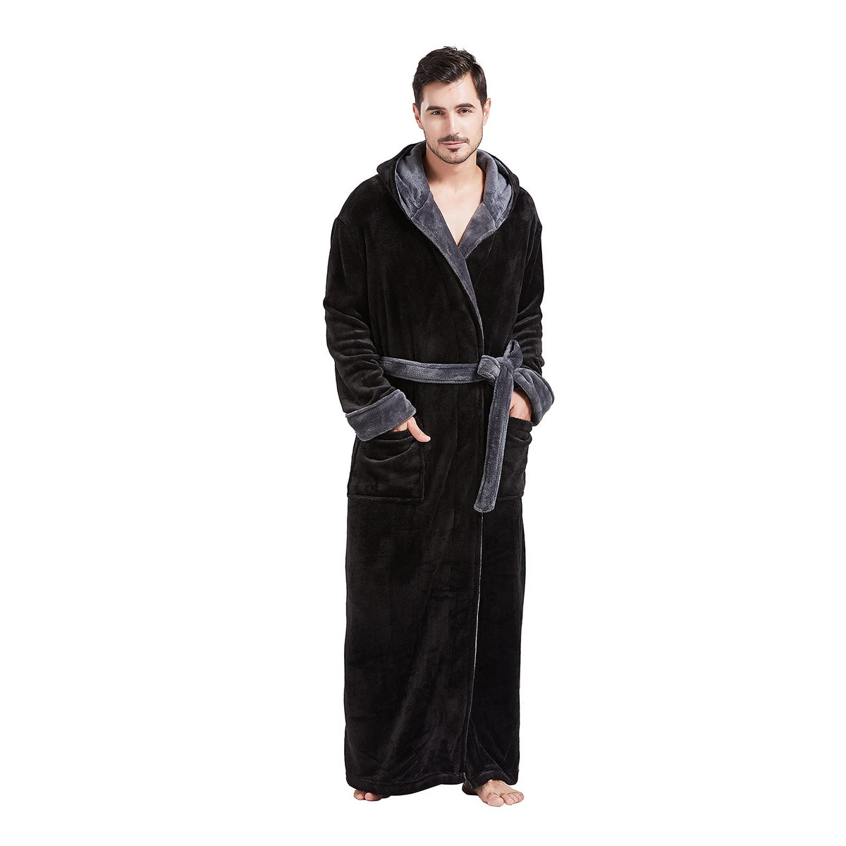 FashGudim Mens Robes Big and Tall with Hood Two-Tone Flannel Fleece Contrast Bathrobe Full Length Plush Long Robe House Coat