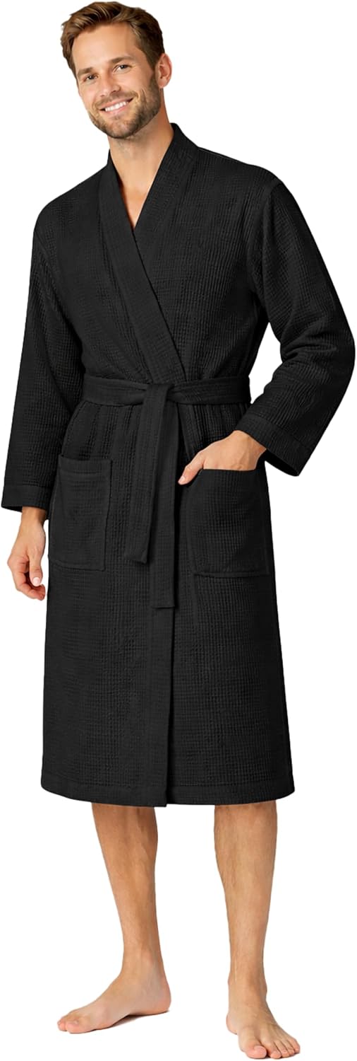 Turkish Linen Men’s Waffle Bathrobe Lightweight Kimono Spa Robe – Quick Dry Bath & Shower Robe for Men with Pockets