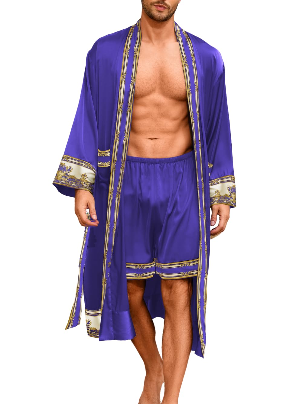 ChiaoLezhee Men's Luxury Silky Robe & Shorts Set, 2PC Lightweight Satin Pajamas with Pockets, Opulent Baroque Kimono Gifts