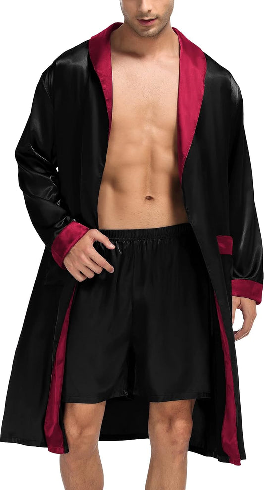 SWOMOG Men's Satin Robe with Shorts Set Silky Kimono Bathrobe Lightweight Soft Sleepwear