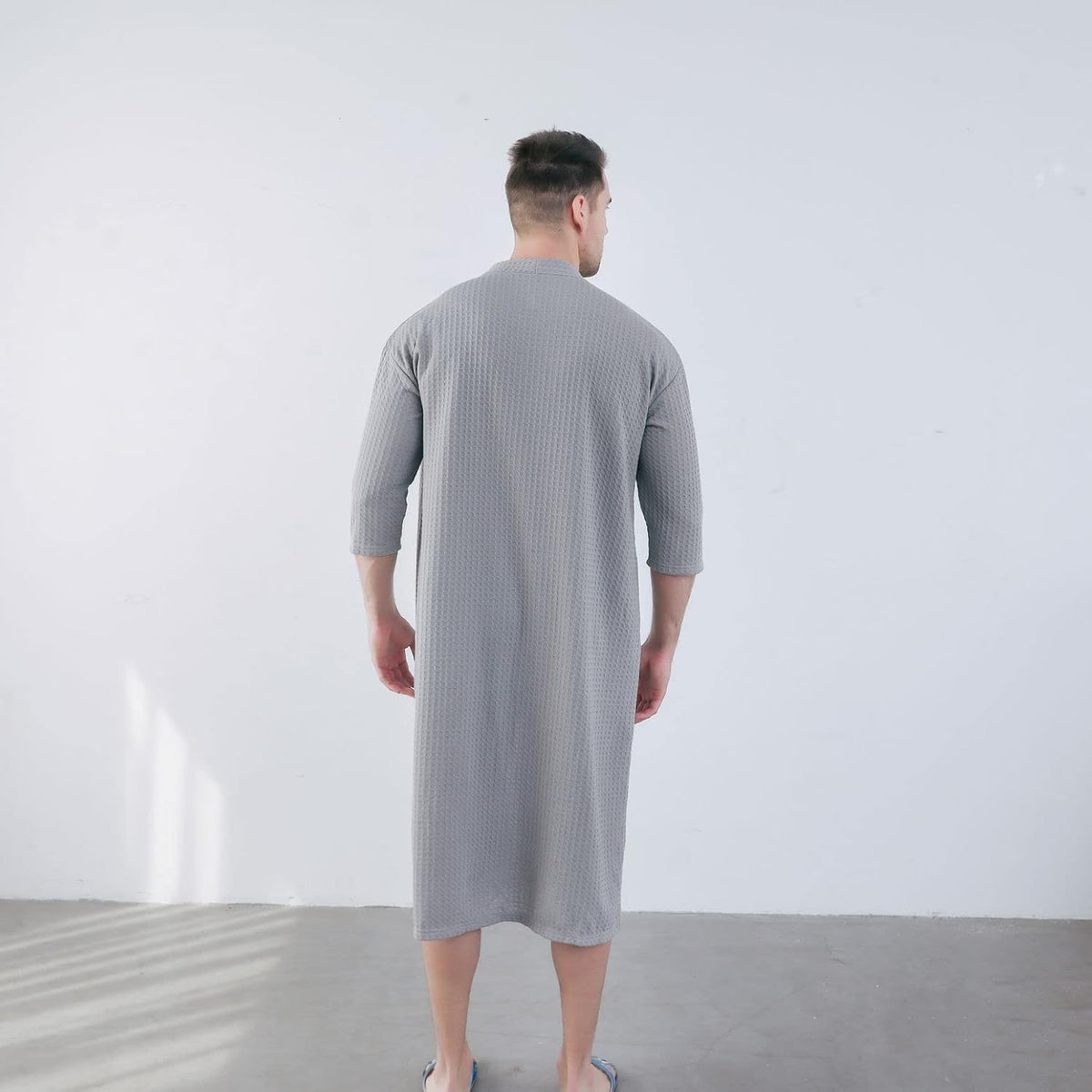 Jinda Men's Soft Robe Button Down House Coat Nightgown Summer V Neck Comfy 3/4 Sleeve Housecoat Sleep Shirt