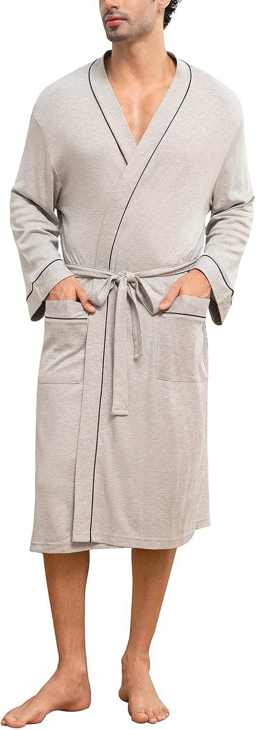 Mens Lightweight Robe Cotton Blend Kimono Bathrobe with Pockets, Soft Breathable Absorbent Loungewear for Home