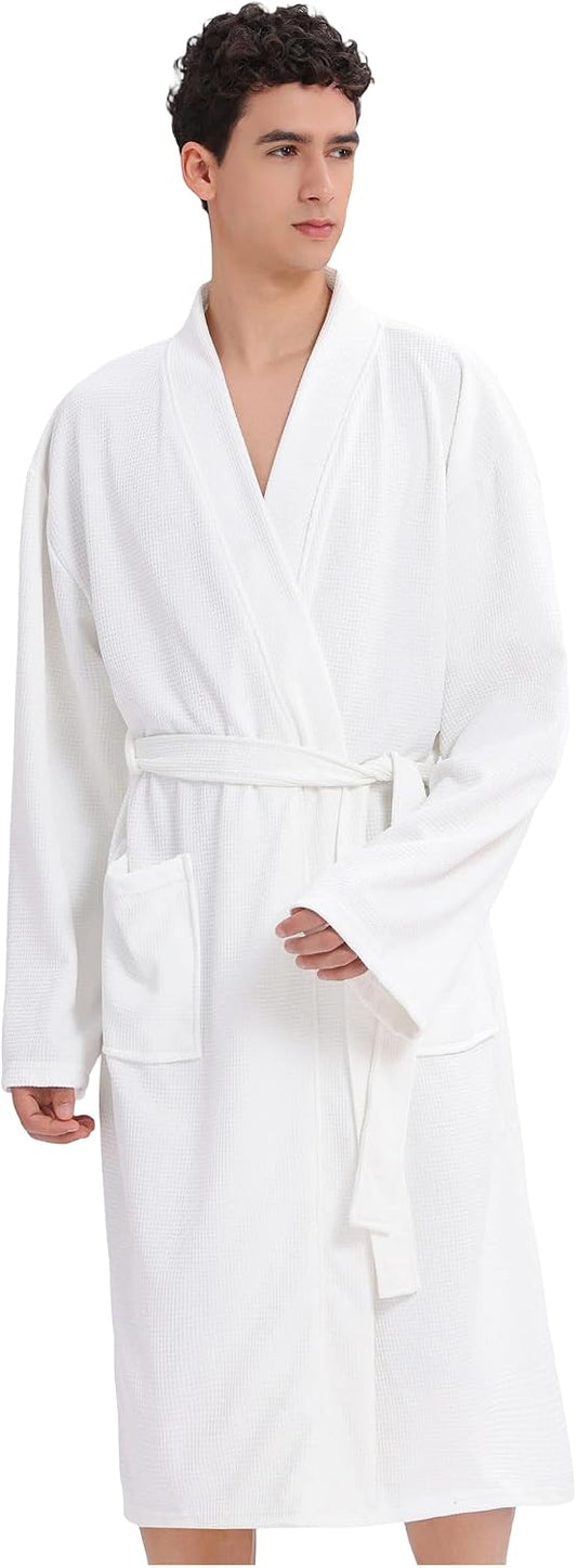 Mens Waffle Robe Spa Kimono Bathrobe Lightweight Shower Bath Robe Knee-Length Hotel Spa Robe