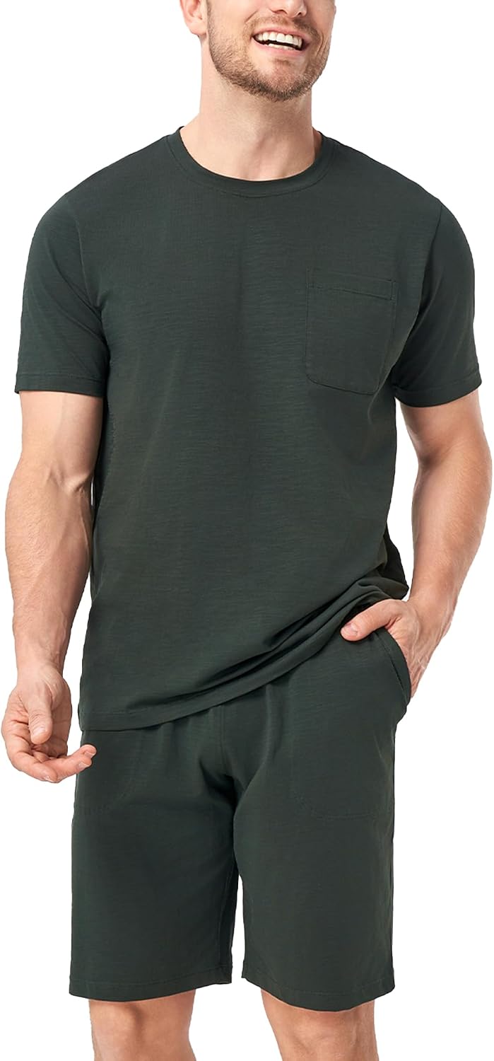 DAVID ARCHY Mens Pajamas Set Cotton Slub Lightweight Summer Sleepwear