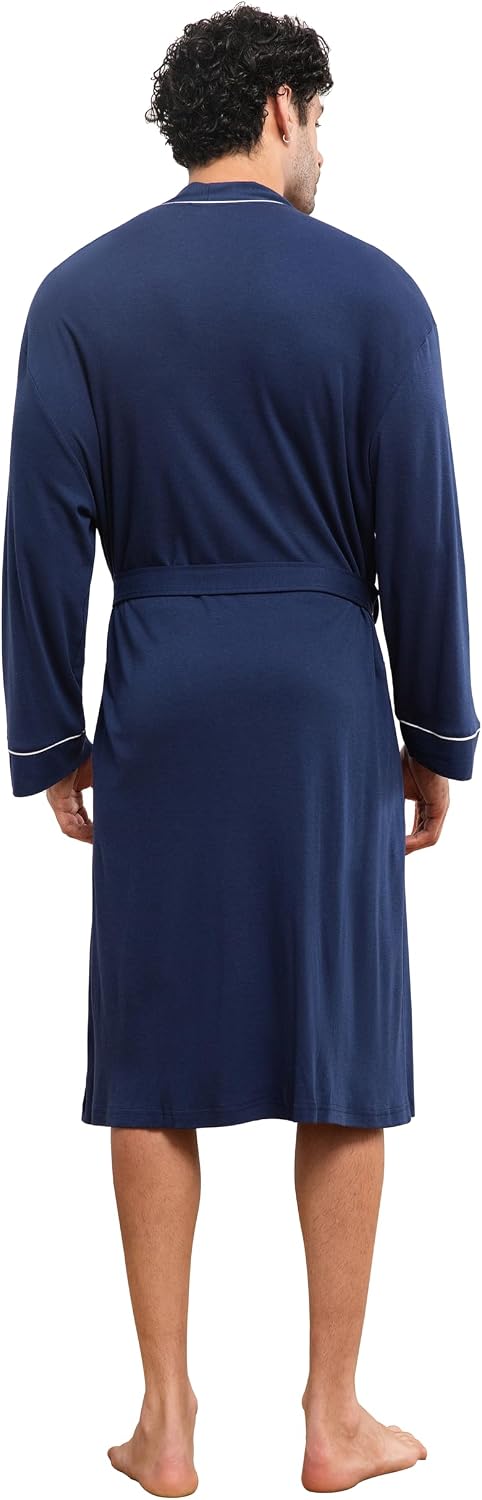 Mens Lightweight Robe Cotton Blend Kimono Bathrobe with Pockets, Soft Breathable Absorbent Loungewear for Home