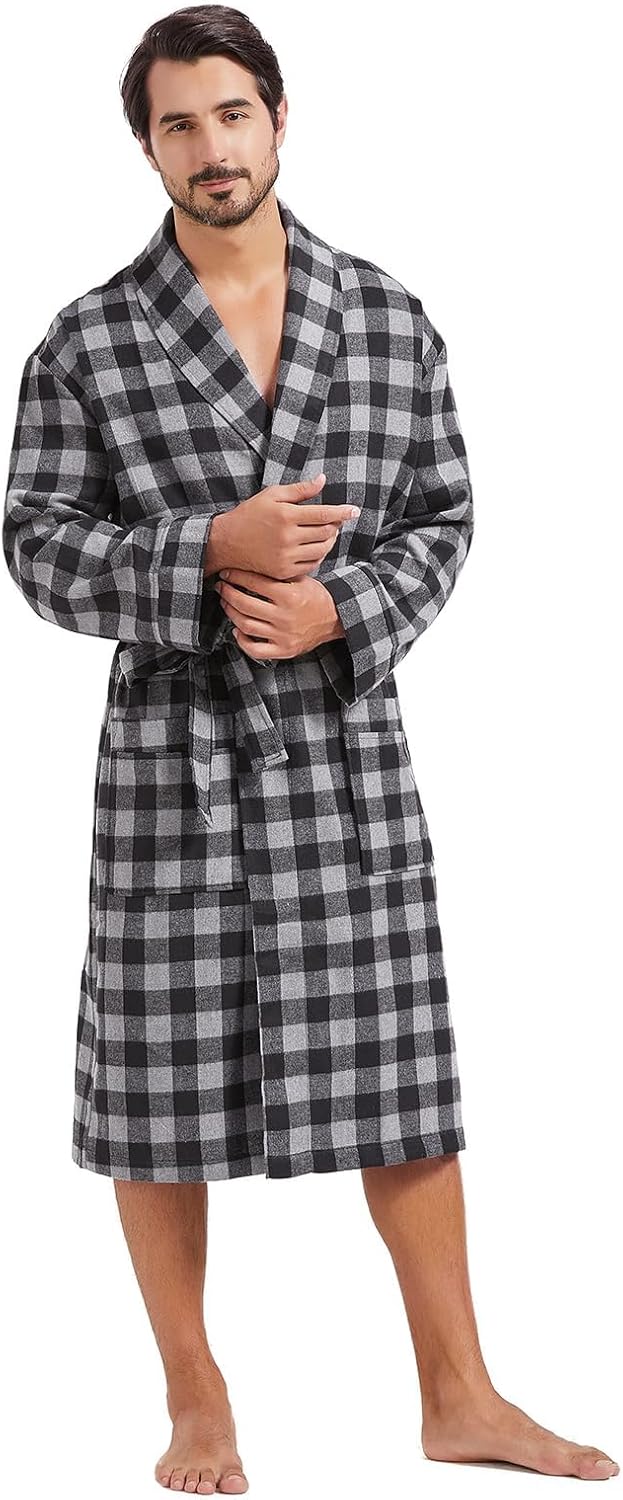FashGudim Mens Buffalo Plaid Cotton Robe Lightweight Bathrobe Shawl Collar Kimono Sleepwear Loungewear House Robes