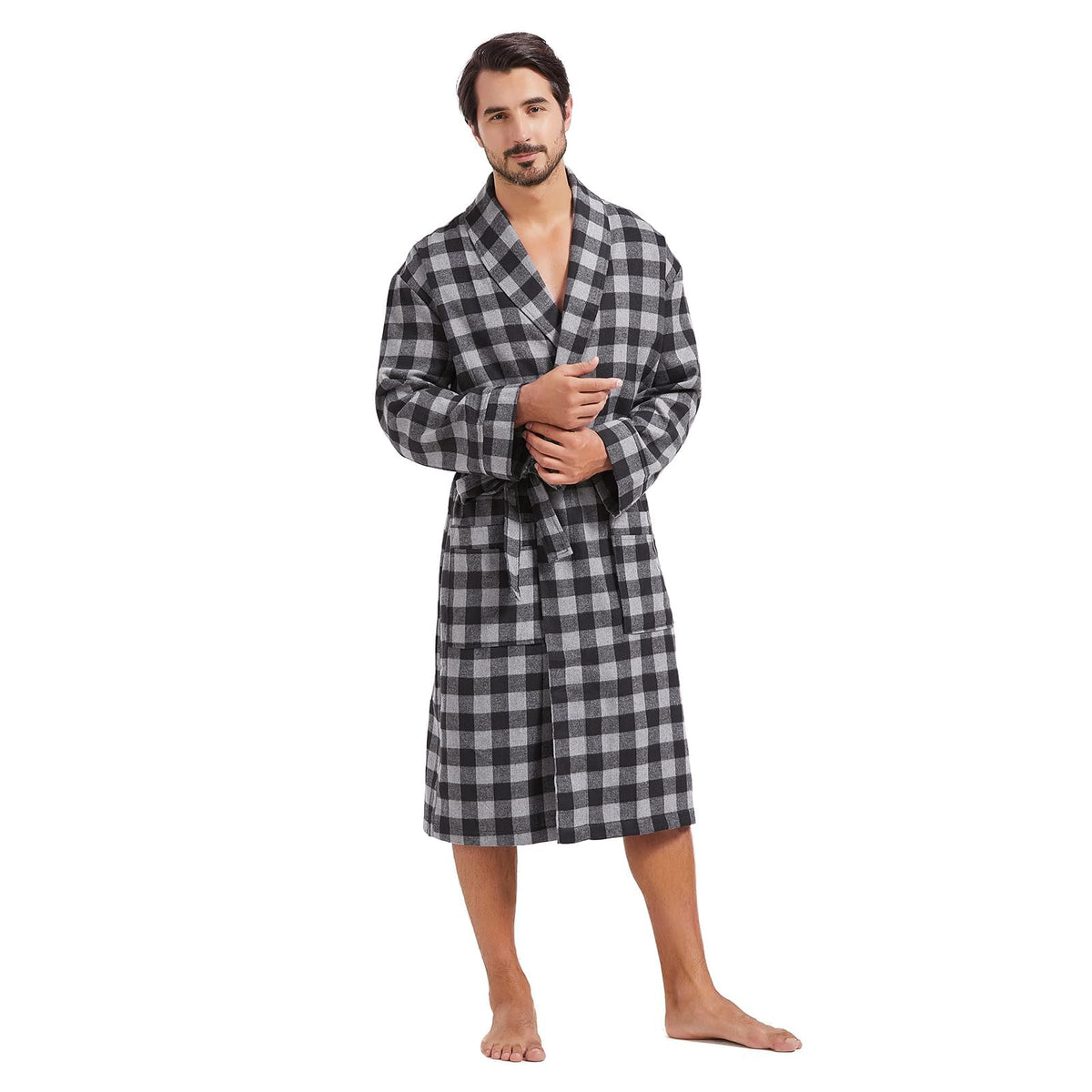 FashGudim Mens Buffalo Plaid Cotton Robe Lightweight Bathrobe Shawl Collar Kimono Sleepwear Loungewear House Robes